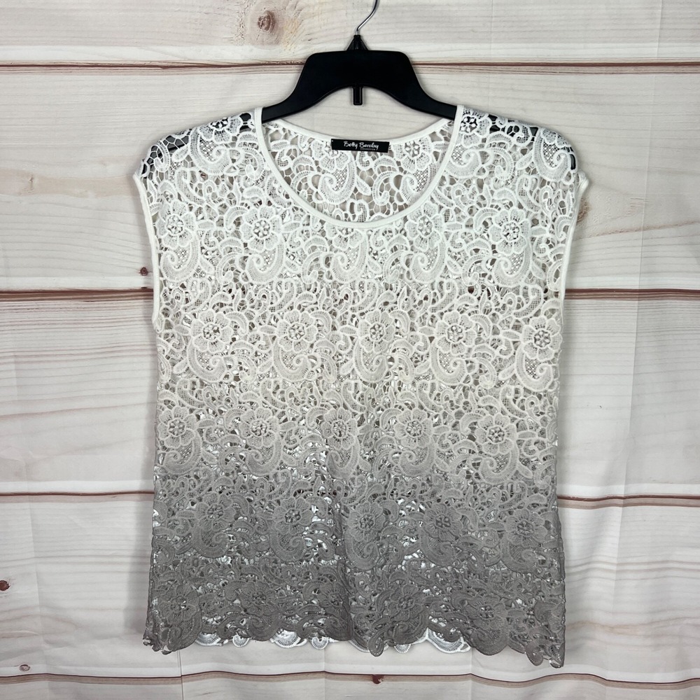 Betty Barclay Top Womens US 10 White Gray Ombre Floral Lace Blouse Cap Sleeve